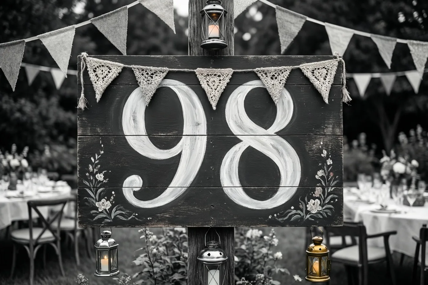 Een zwart-witfoto toont een houten bord met 98 in witte verf, kanten vlaggetjes en lantaarns in een tuin met tafels op de achtergrond.