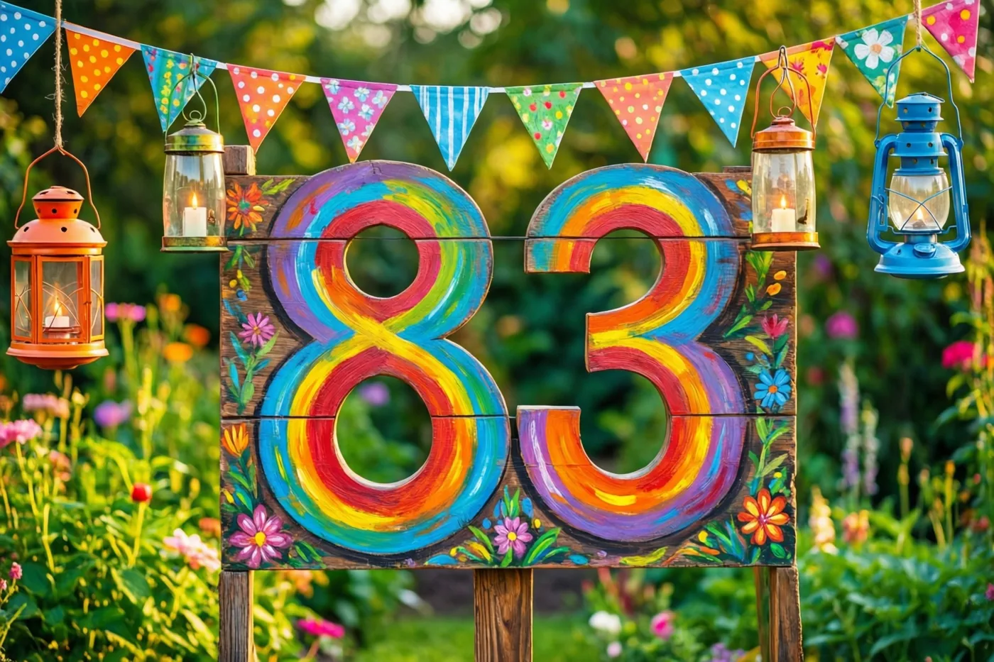 Een groot houten bord met 83 in regenboogkleuren staat in een tuin met vlaggetjes en hangende lantaarns, met bloemen en groen op de achtergrond.