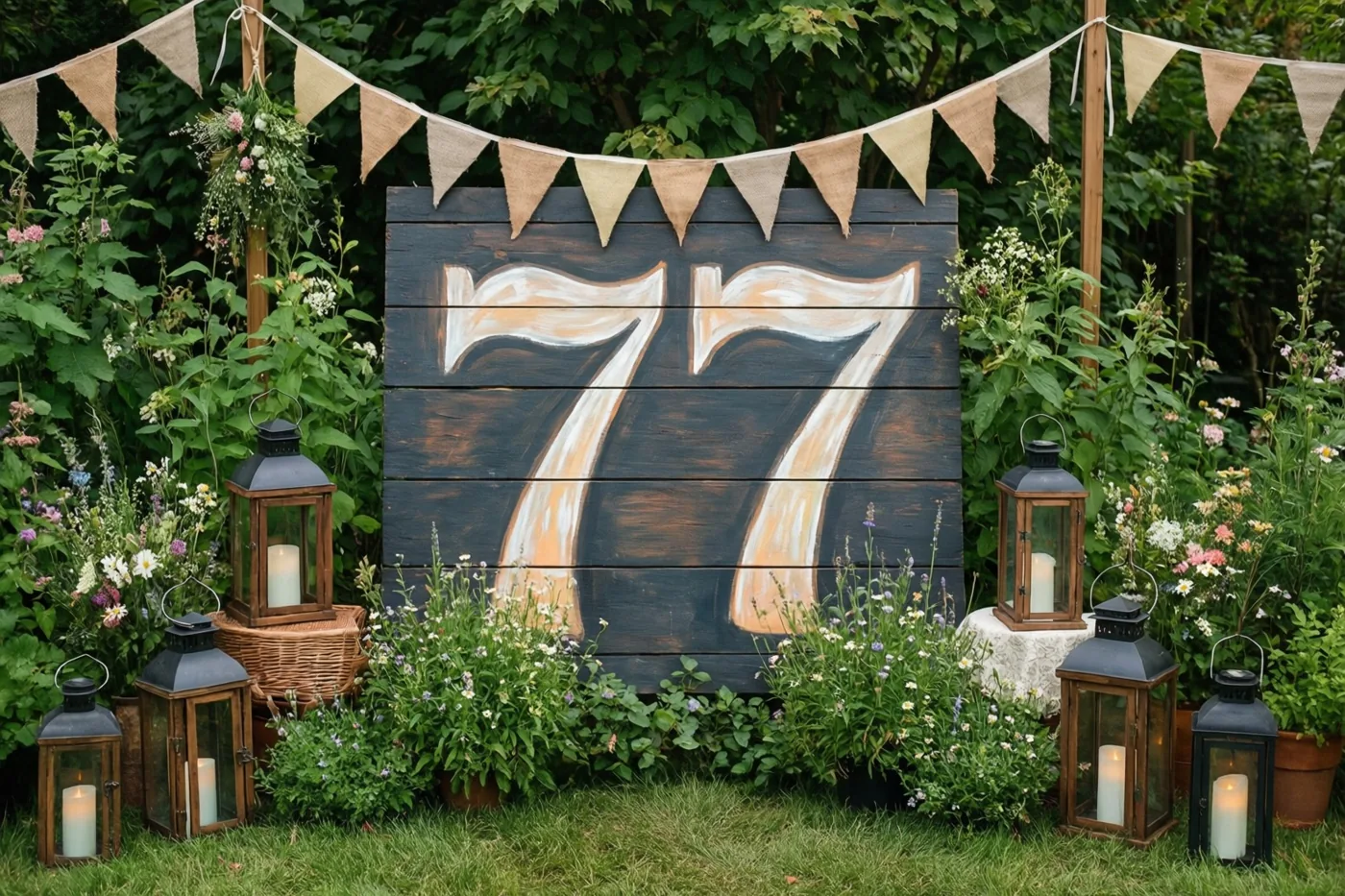 Een houten bord met 77 staat in een tuin tussen vlaggetjes, lantaarns met kaarsen en wilde bloemen.