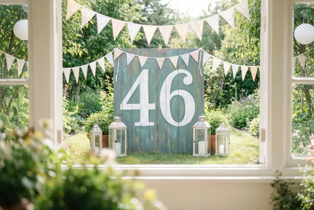 Door een raam is een zonnige groene tuin te zien met een groot houten bord met 46, witte lantaarns aan weerszijden en vlaggetjes.