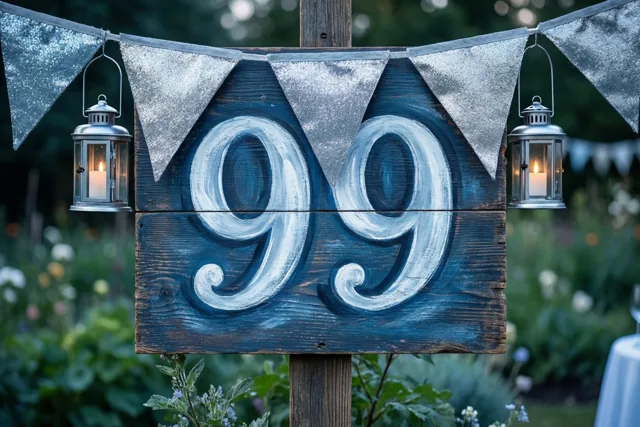 Een houten bord met 99 in witte verf staat in een tuin tussen zilveren vlaggetjes en hangende lantaarns met brandende kaarsen, voor een onscherpe groene achtergrond.