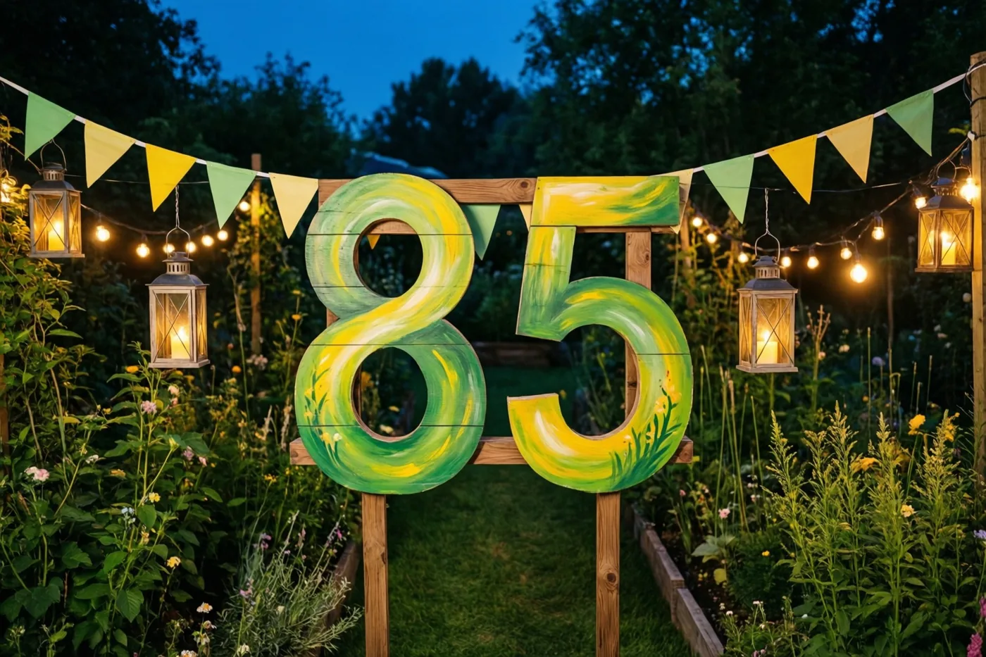 Een groot beschilderd houten bord met 85 staat bij schemering in een groene tuin, tussen lichtsnoeren, hangende lantaarns en groene en gele vlaggetjes.