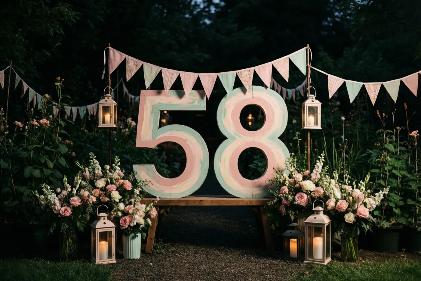 Een groot beschilderd houten bord met 58 staat op een tuinbank in de schemering, tussen bloemstukken, brandende lantaarns en pastelvlaggetjes.