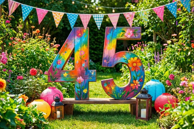 Een groot kleurrijk houten bord met 45 staat op een bank in een tuin met bloemen, vlaggetjes en papieren lantaarns.