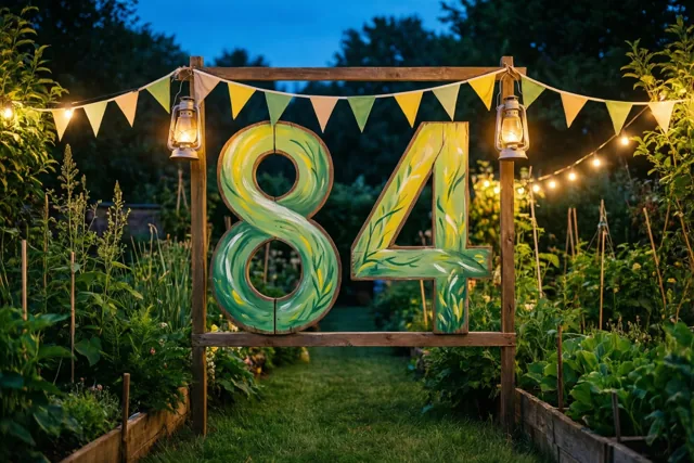 Een groot beschilderd houten bord met 84 staat op een tuinpad tussen houten palen met hangende lantaarns en een vlaggenlijn in de schemering.