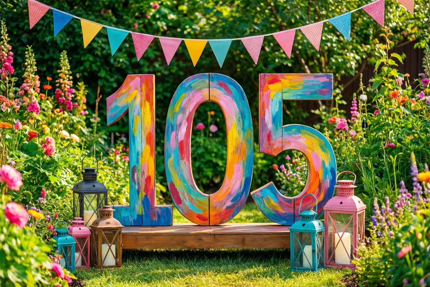 Een groot, kleurrijk beschilderd houten bord met het getal 105 staat in een tuin tussen bloemen, vlaggetjes en lampions.