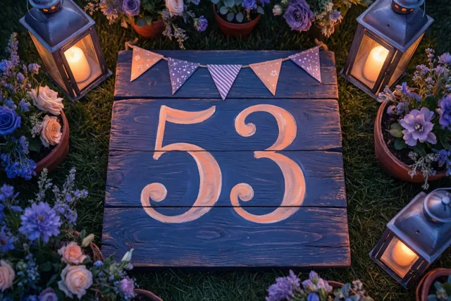 Een houten bord met het geschilderde getal 53 staat op het gras tussen bloemen in potten en brandende lantaarns in een tuin bij schemering.
