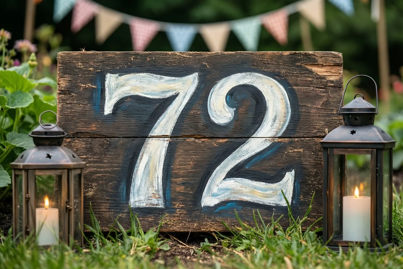 Een houten bord met 72 in witte verf staat in een grastuin tussen twee brandende lantaarns, met kleurrijke vlaggetjes op de achtergrond.