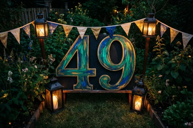 Een groot beschilderd houten bord met 49 staat 's nachts in een tuin tussen brandende lantaarns en een vlaggenlijn in warm kaarslicht.