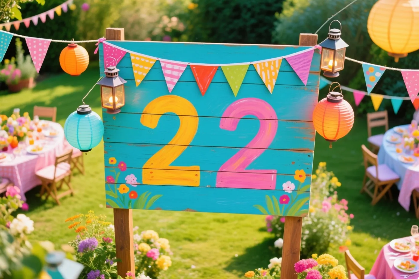 Een groot houten bord met het geschilderde getal 22 staat in een zonnige tuin met vlaggenlijnen, lantaarns, kleurrijke bloemen, tafels en stoelen.
