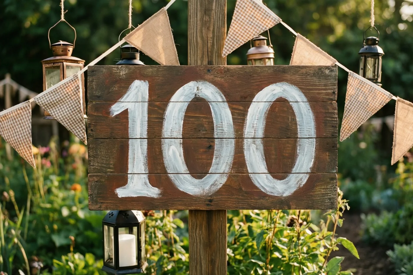 Een rustiek houten bord met 100 in witte verf staat in een groene tuin tussen vlaggenlijnen en hangende lantaarns.