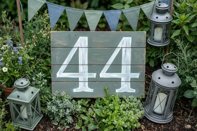 Een houten bord met 44 in witte verf staat in een tuin tussen groen, vlaggetjes en metalen lantaarns met kaarsen.