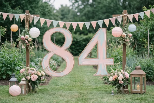 Een groot beschilderd houten bord met 84 staat in een tuin tussen vlaggenlijnen, papieren lampions, bloemstukken en lantaarns op het gras.