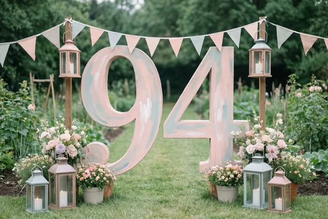 Een groot beschilderd houten bord met 94 staat tussen bloemstukken, lantaarns en vlaggetjes in zachte pastelkleuren, met gras en bomen op de achtergrond.