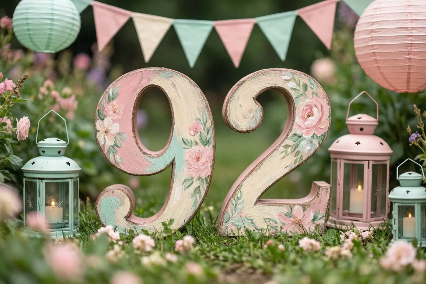 Een groot beschilderd houten bord met 92 staat in een tuin tussen roze en mintgroene vlaggetjes, papieren lampionnen en lantaarns met brandende kaarsen.