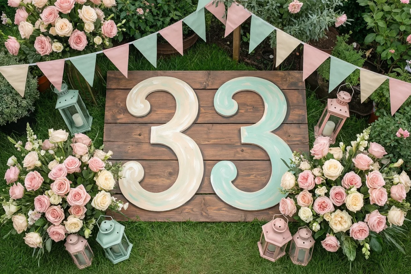 Een groot houten bord met 33 staat op het gras tussen roze en crèmekleurige rozen, vlaggetjes en lantaarns, met mintgroene accenten.