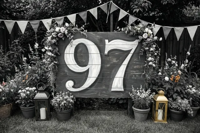 Een zwart-witfoto toont een groot houten bord met 97 in witte verf in een tuin, tussen potplanten, lantaarns en vlaggetjes.