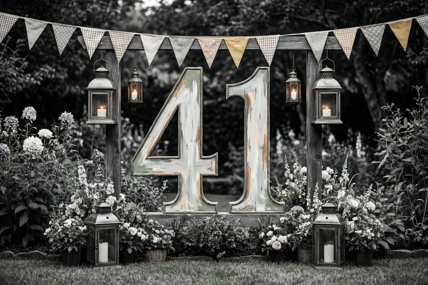 Een groot houten bord met 41 staat midden in een tuin, omringd door bloemen, hangende lampionnen en vlaggenlijnen.