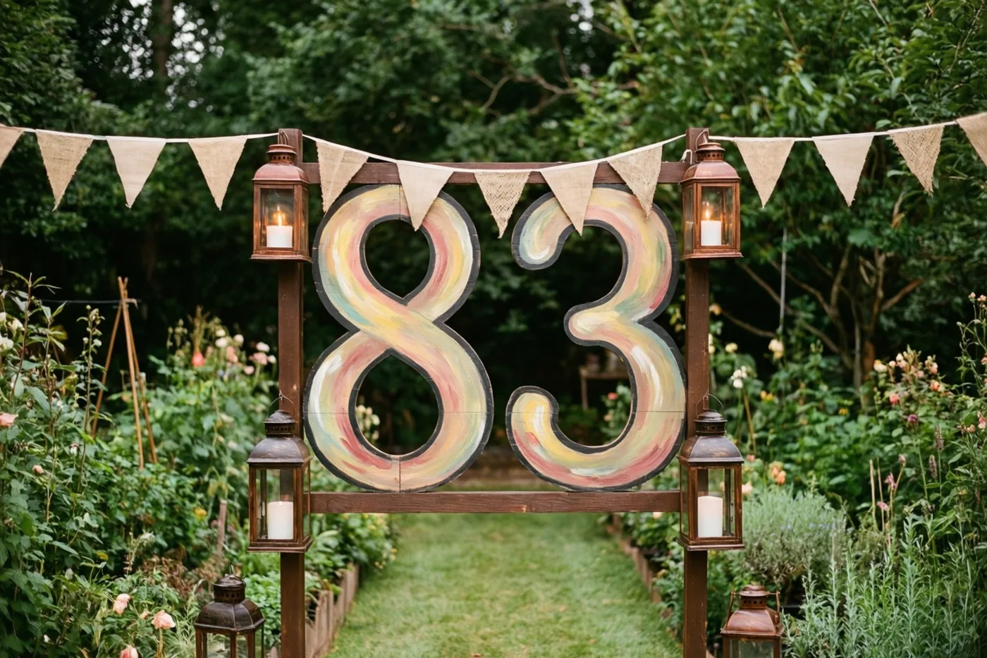 Een groot geschilderd houten bord met 83 staat op een tuinpad tussen lantaarns en vlaggetjes, met bloemen en bomen in de groene tuin erachter.
