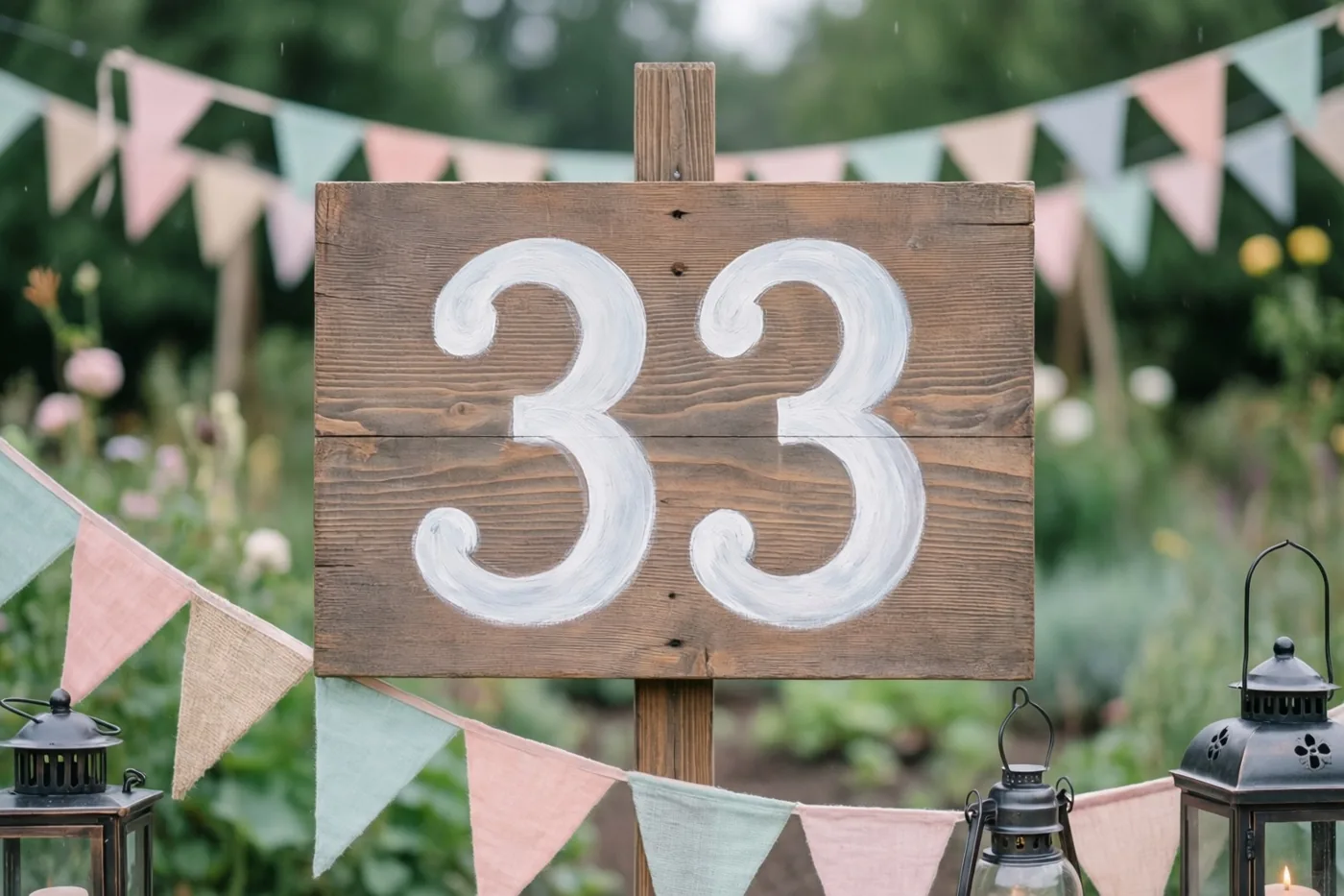 Een landelijk houten bord met het getal 33 in witte verf staat in een tuin tussen gekleurde vlaggetjes en decoratieve lantaarns.