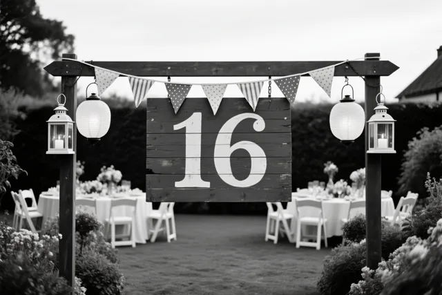 Een zwart-witfoto toont een houten bord met het getal 16 tussen twee palen met vlaggetjes en lantaarns, met tuintafels en stoelen op de achtergrond.