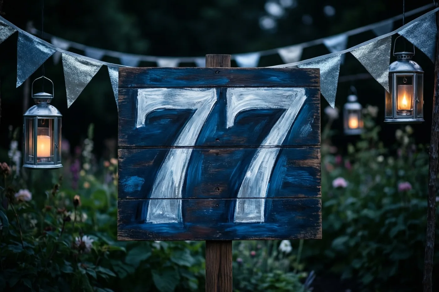 Een houten bord met het geschilderde getal 77 staat in een tuin bij schemering, tussen hangende lantaarns en zilveren vlaggetjes in warm kaarslicht.