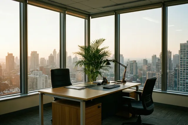 Een leeg kantoor met een houten bureau en een palm in een pot kijkt in zacht, warm licht uit op een stad bij dageraad.