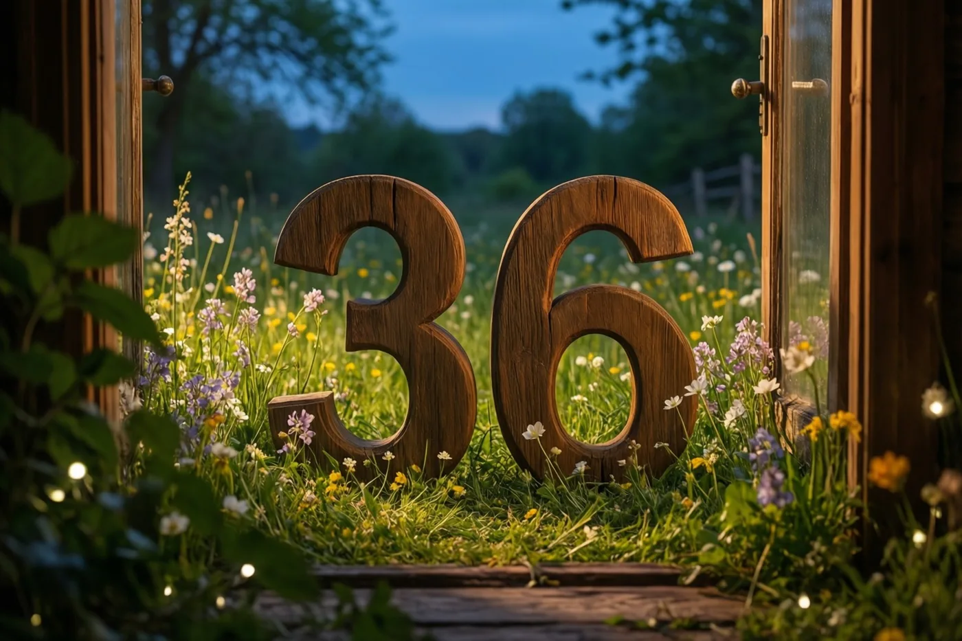 Door een open houten raam zie je houten cijfers 36 in een zonnige weide met wilde bloemen onder een blauwe lucht.