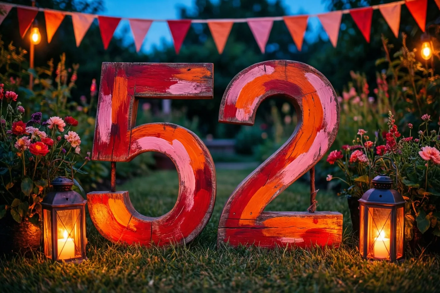 Grote houten cijfers 52 staan bij schemering in een tuin tussen bloemen, lantaarns en vlaggetjes, verlicht in warme oranje en rode tinten.