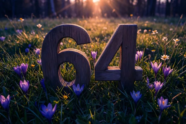 Houten cijfers vormen 64 in een zonnige grasweide met paarse en witte lentebloemen en een onscherp bos op de achtergrond.
