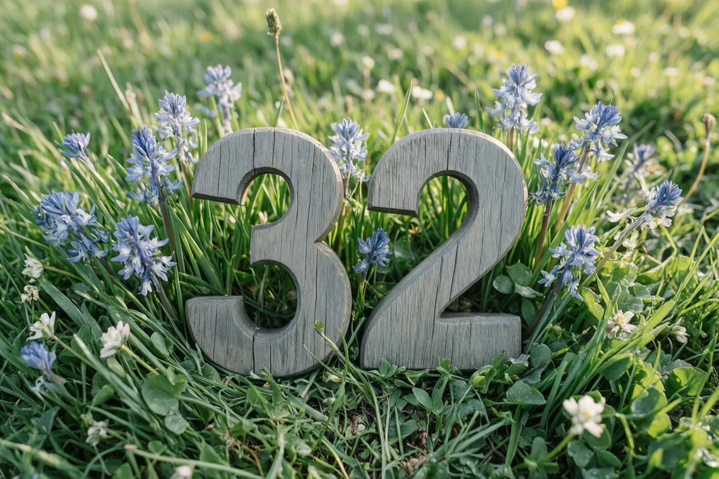Houten cijfers 32 staan in een zonnige grasweide met blauwe en witte lentebloemen.