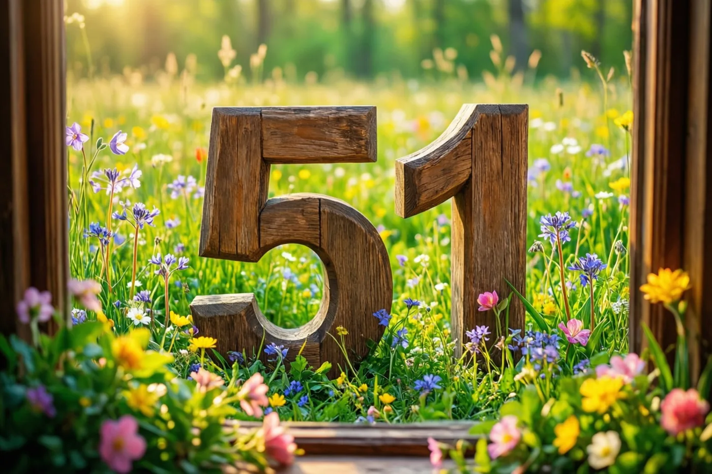 Houten cijfers 51 staan in een zonnige weide met lentebloemen, gezien door een houten raam- of deurkader.