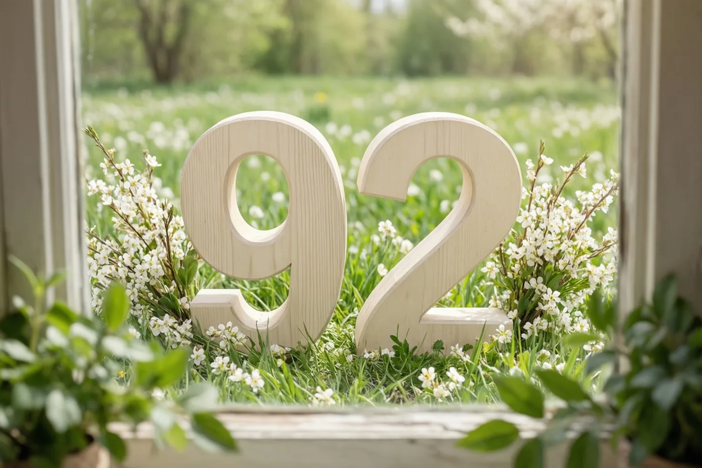 Door een raam zijn houten cijfers 92 te zien tussen witte lentebloemen in een zonnige groene weide.