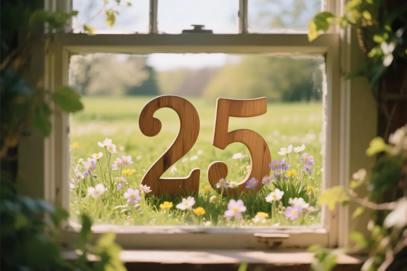 Door een raam zijn houten cijfers in de vorm van 25 te zien in een zonnige weide met groen gras en witte en paarse lentebloemen.