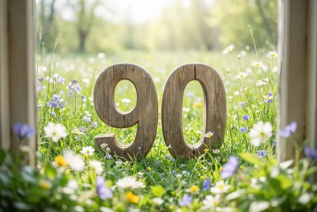 Door een raam zijn houten cijfers die 90 vormen te zien in een zonnige weide met lentebloemen en zachte groene en witte tinten.