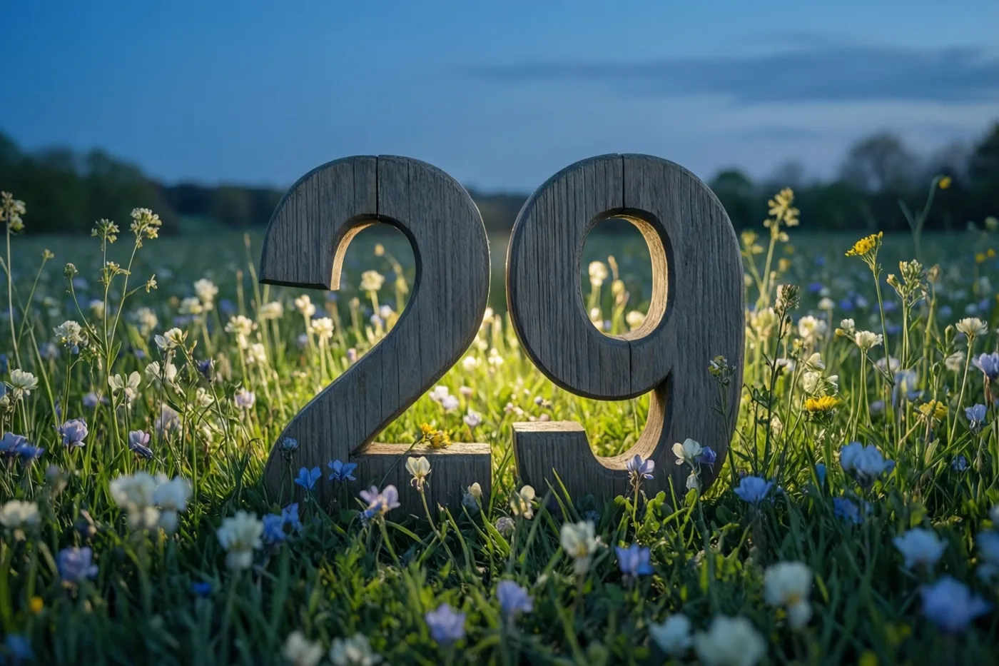 Houten cijfers vormen 29 in een weide met lentebloemen, waar warm licht het gras en de bloemen beschijnt onder een blauwe schemerlucht.