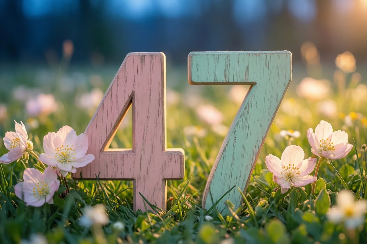Houten cijfers vormen 47 in een grasweide vol verse lentebloemen, in warm zonlicht tegen een zacht onscherpe achtergrond.