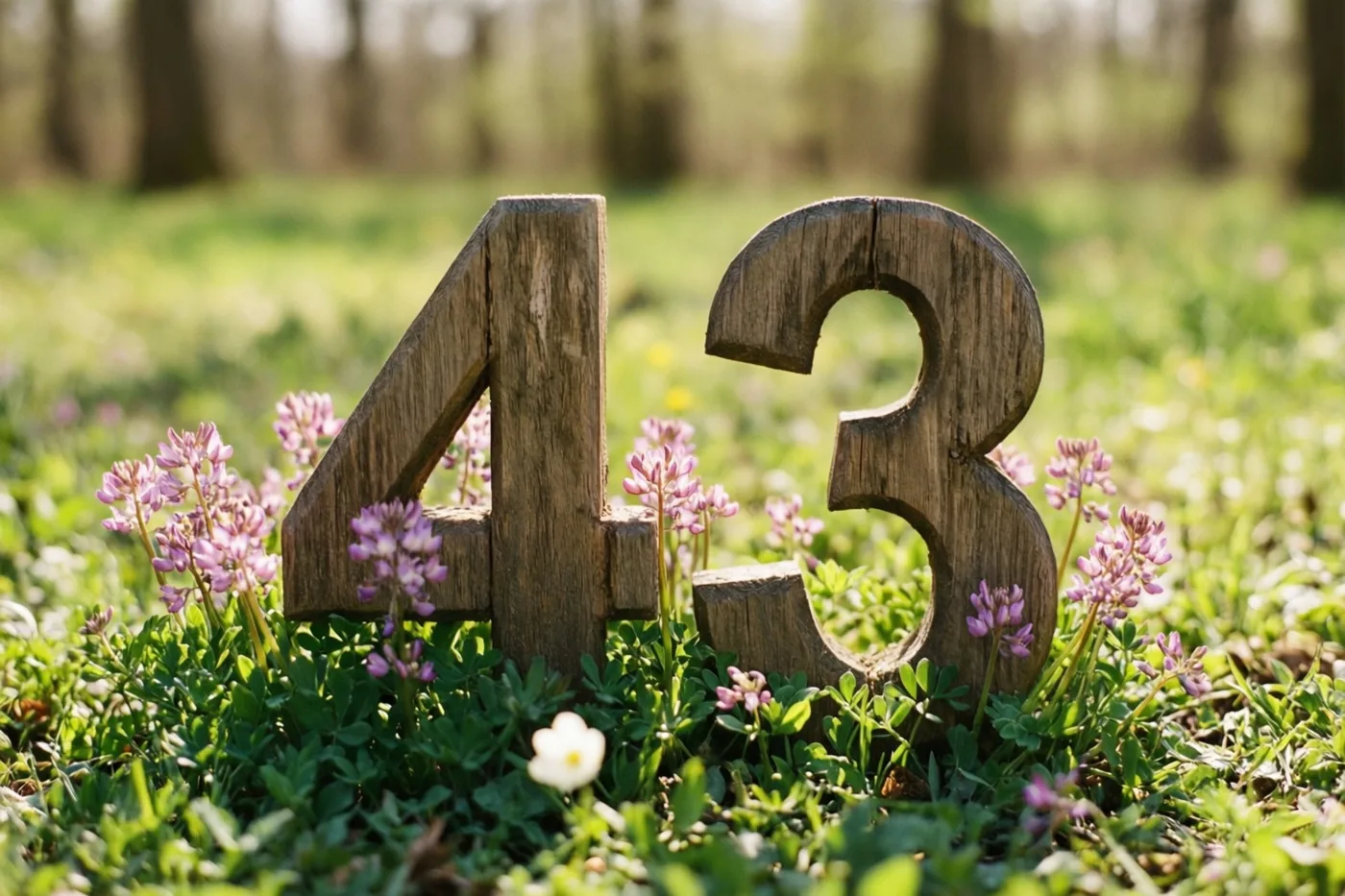 Houten cijfers 43 staan in een grasweide vol roze en witte lentebloemen onder helder zonlicht.