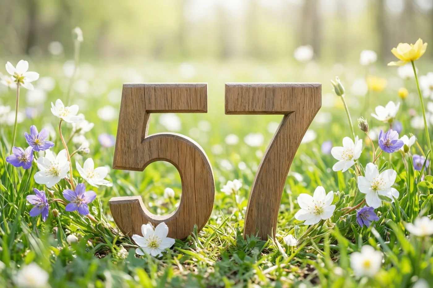 Houten cijfers vormen 57 in een felgroene weide vol lentebloemen in helder zonlicht.