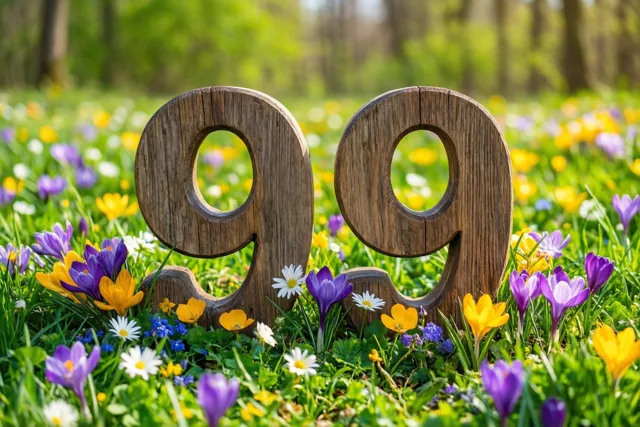 Twee grote houten negens staan in een zonnige lenteweide met paarse, gele en witte bloemen en een onscherp groen bos op de achtergrond.