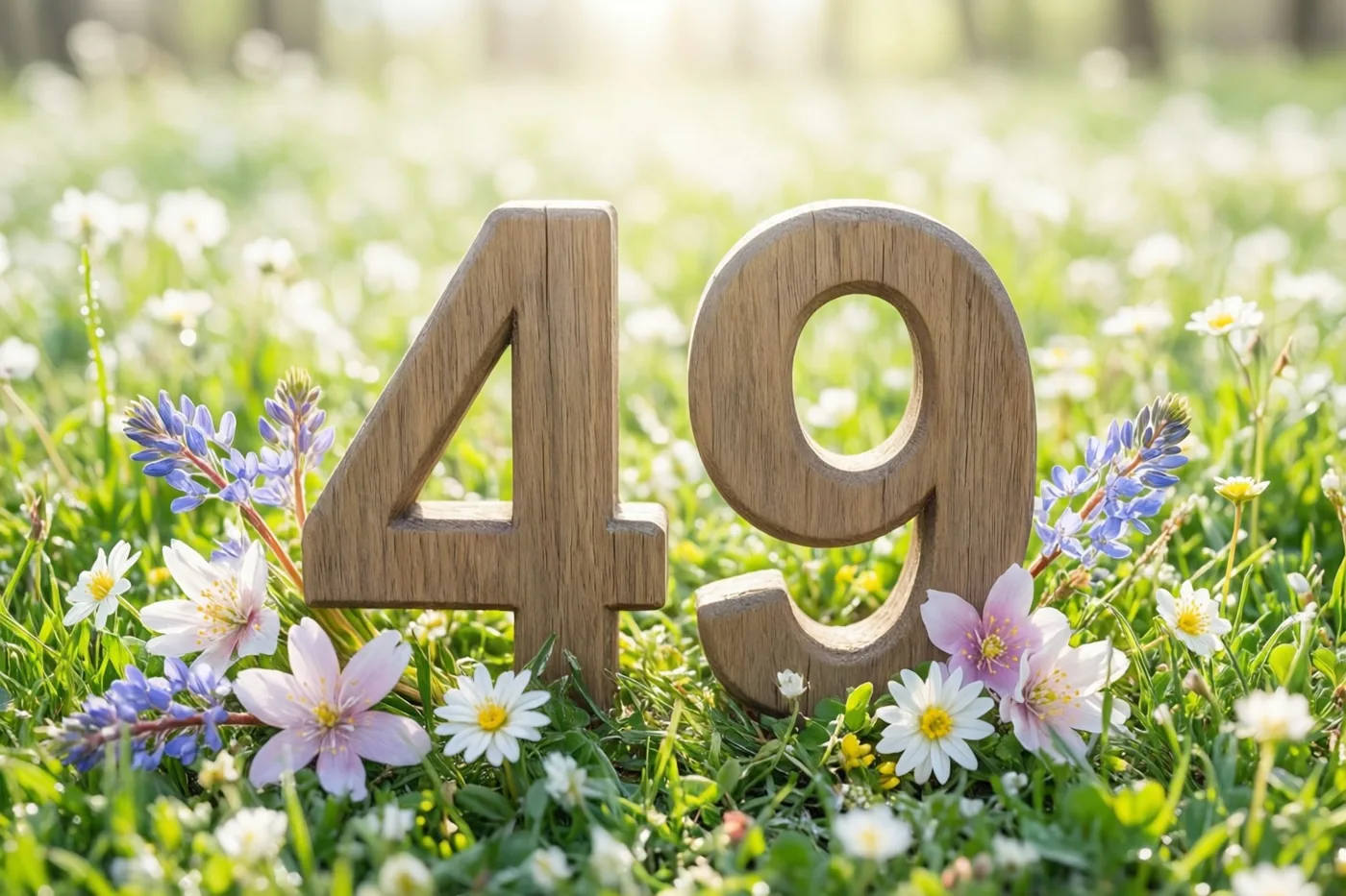Houten cijfers 49 staan in een felgroene weide met witte en zachtpaarse lentebloemen in helder zonlicht.