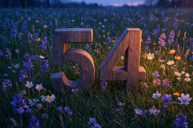 Houten cijfers 54 staan in een weide met paarse en witte lentebloemen in warm, zacht licht.
