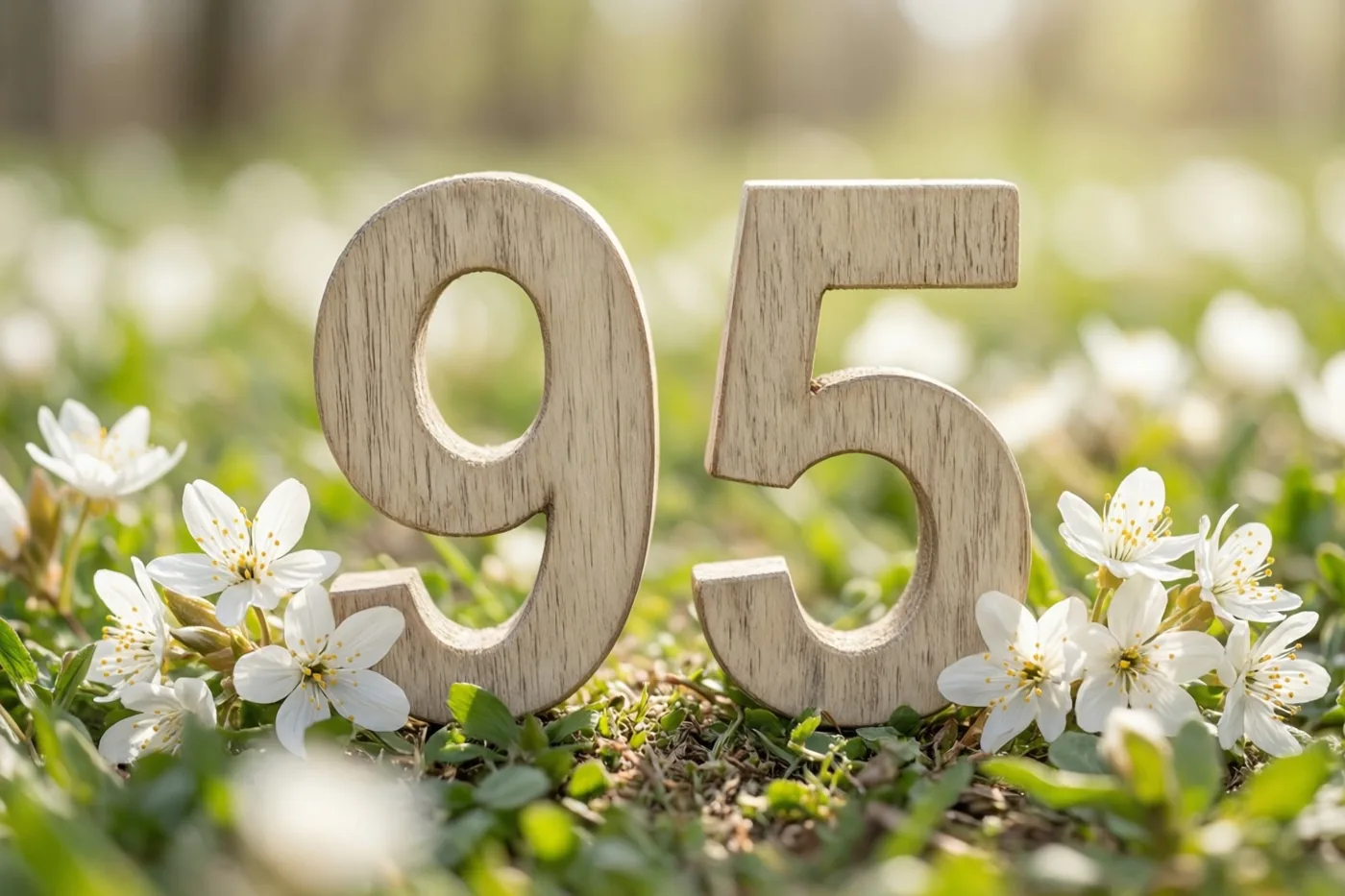 Houten cijfers die 95 vormen, staan rechtop in een zonnige weide tussen groen gras en witte lentebloemen.