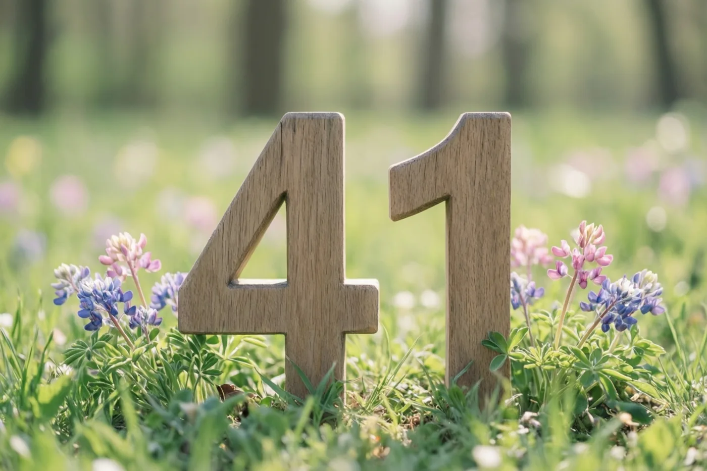 Houten cijfers vormen 41 in een zonnige grasweide met bloeiende lentebloemen en onscherp groen op de achtergrond.