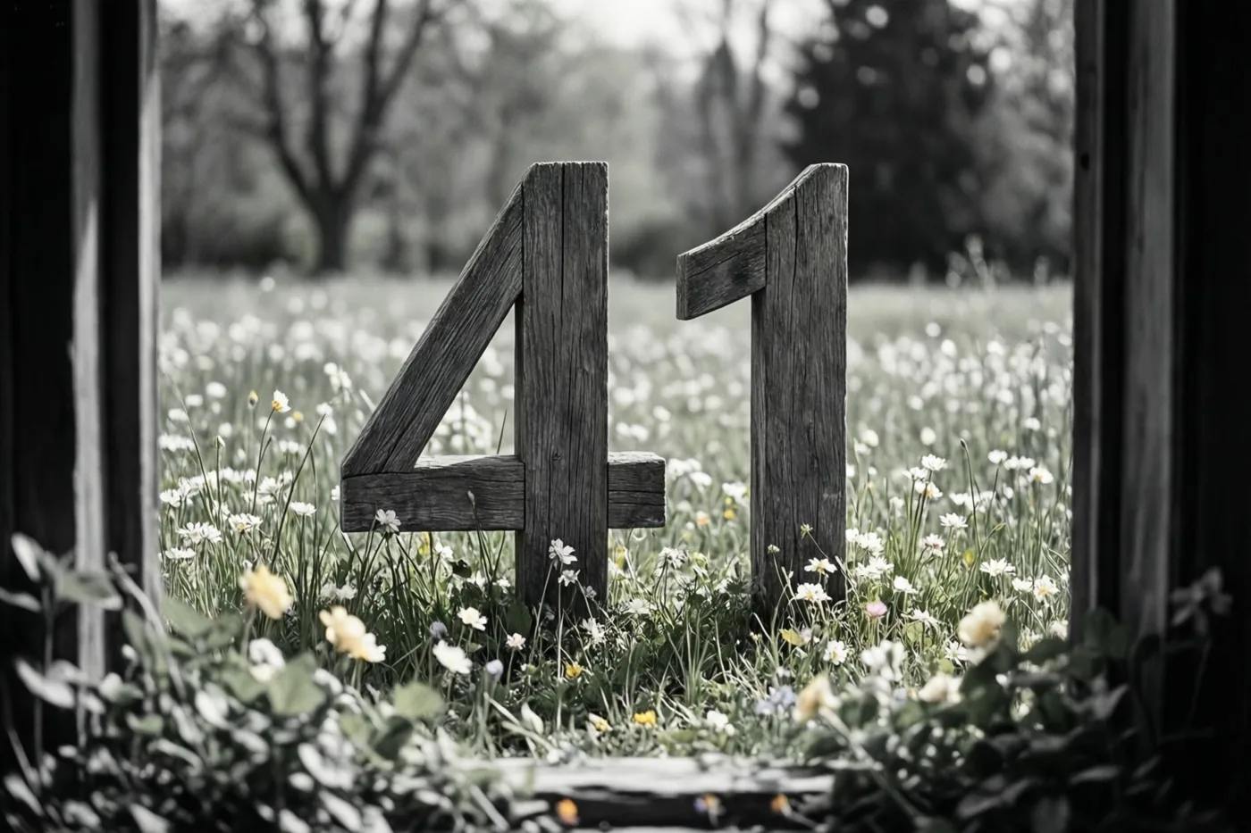 Door een raam zijn houten cijfers die 41 vormen in een weide met lentebloemen te zien, waarbij alleen de bloemen gekleurd zijn in het verder zwart-witte beeld.
