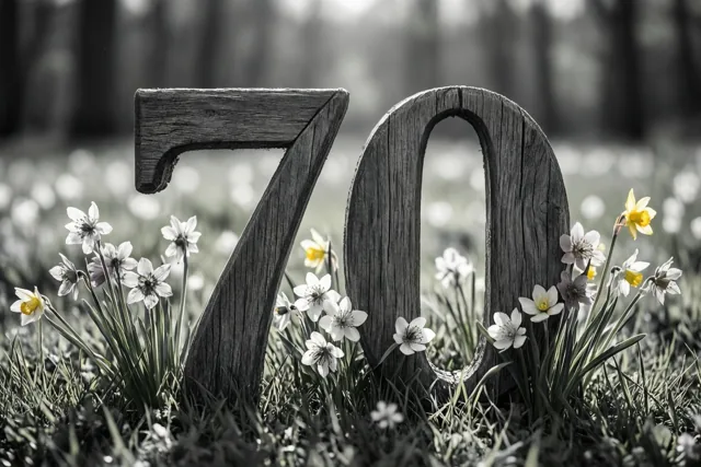 Houten cijfers vormen 70 tussen witte en gele lentebloemen in een grotendeels zwart-wit weergegeven weide, waarin gele narcissen opvallen.