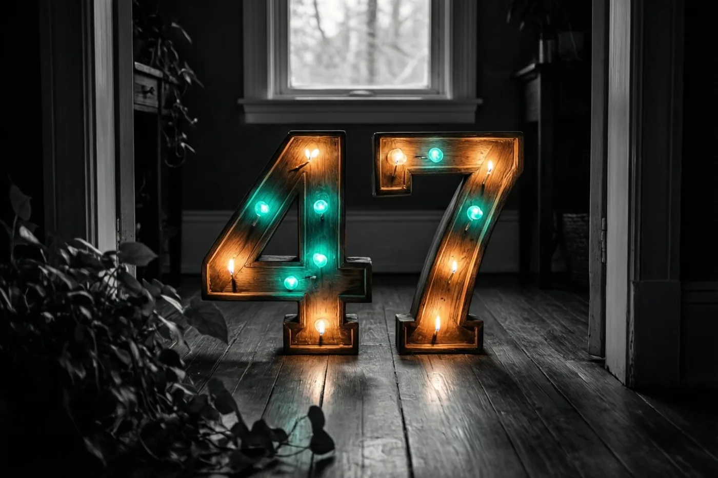 Twee grote houten cijfers vormen 47 en zijn verlicht met brandende theelichtjes op een donkere houten vloer in een schemerige kamer met een raam op de achtergrond.