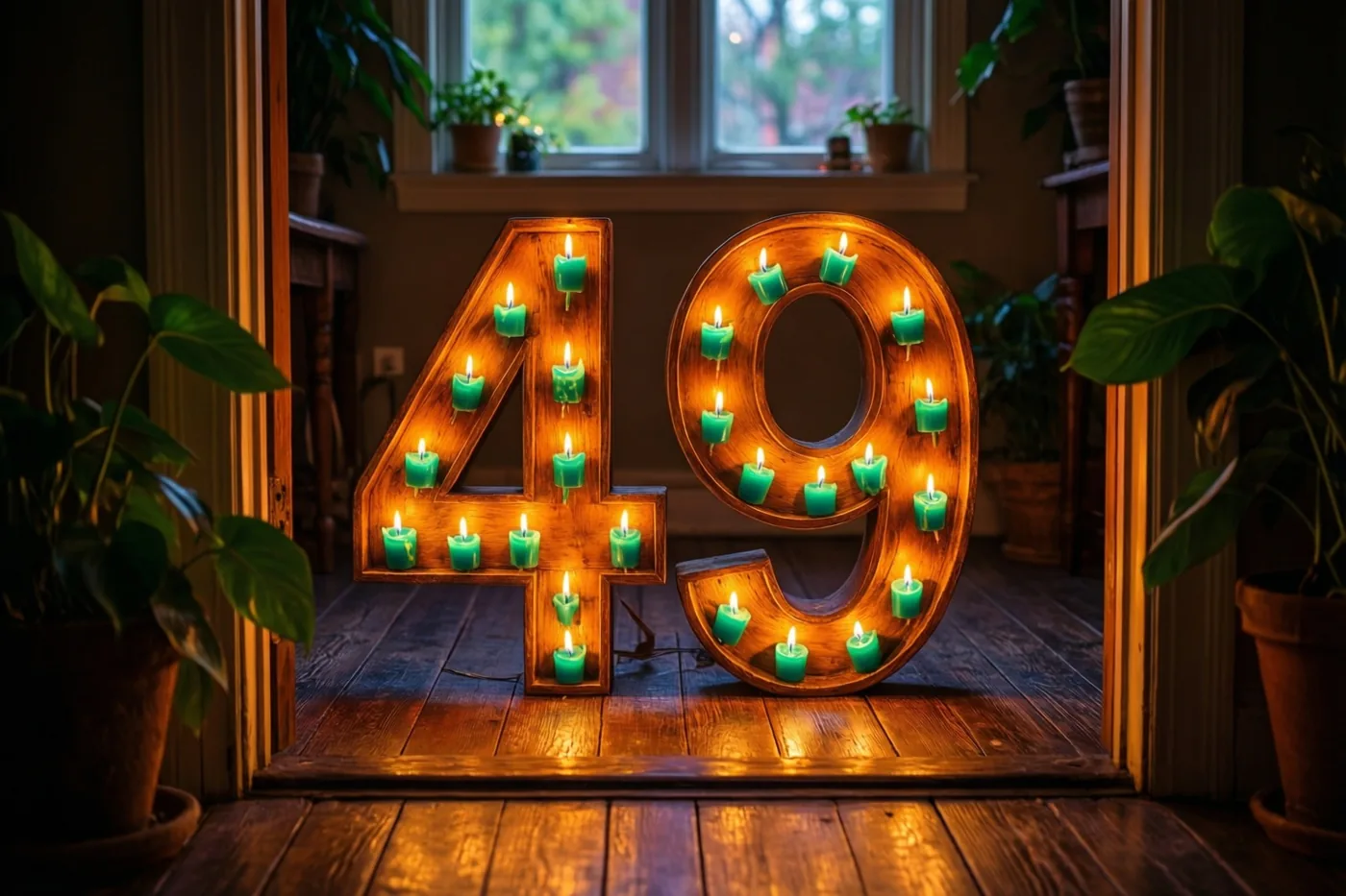 Grote houten cijfers 49 met brandende theelichtjes staan op een donkere houten vloer in een warm verlichte kamer met potplanten op de achtergrond.