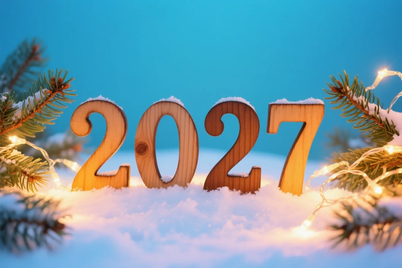 Houten cijfers vormen 2027 in verse sneeuw, omringd door dennentakken en brandende lichtjes onder een helderblauwe hemel.