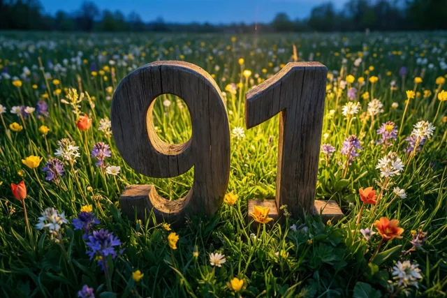 Houten cijfers vormen 91 tussen lentebloemen in een weide, met warm zonlicht onder een schemerblauwe lucht.